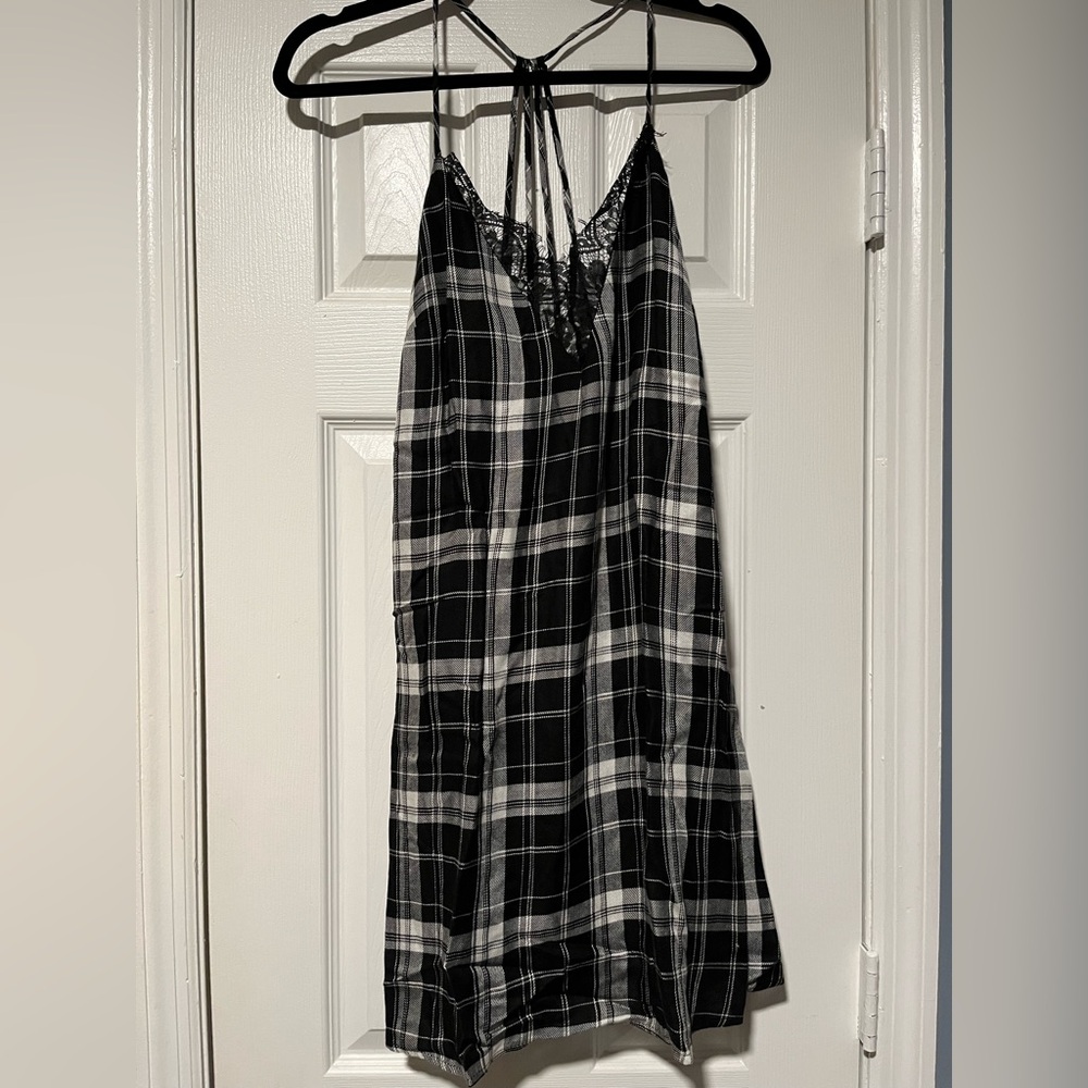Charlotte Russe Monochrome Plaid Slip Dress with Lace Detail